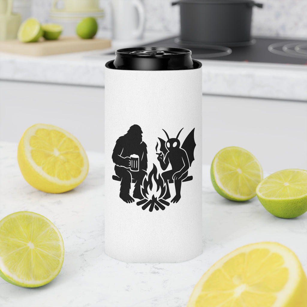 Cryptid Can Cooler - Bigfoot & Mothman Coozie - Sasquatch Beer Sleeve - Funny Cryptid Gift for Campfire or BBQ