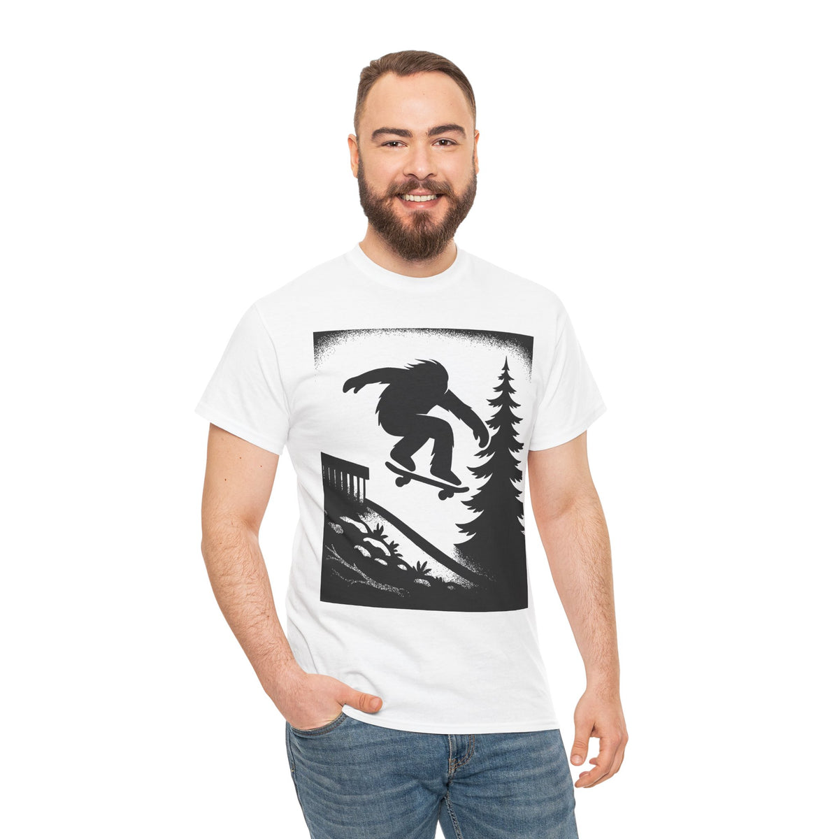 Bigfoot Gap Silhouette Unisex Heavy Cotton Tee, Casual Wear, Skate Art Shirt, Gift for Skaters, Outdoor Lifestyle Tee, Streetwear Staple