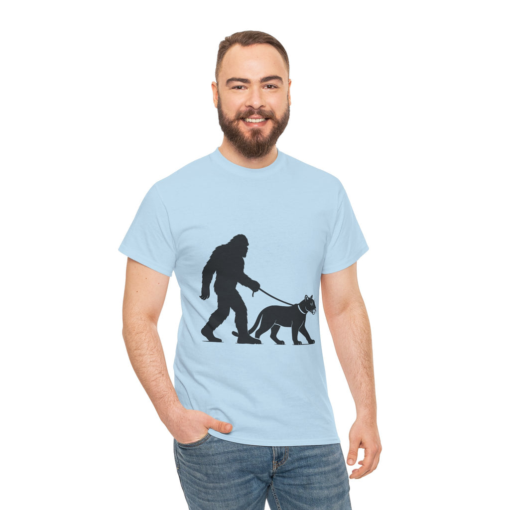 Bigfoot Walking Cougar, Outdoor Lover Gift, Funny Sasquatch Shirt, Nature Lover Apparel, Unique Graphic Tee