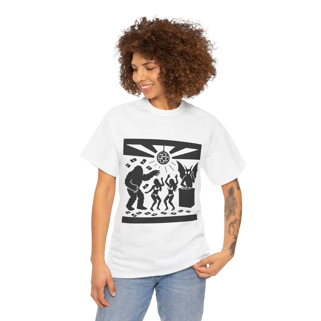 Bigfoot and Mothman Partying Unisex Heavy Cotton Tee - Cryptid Lovers Gift