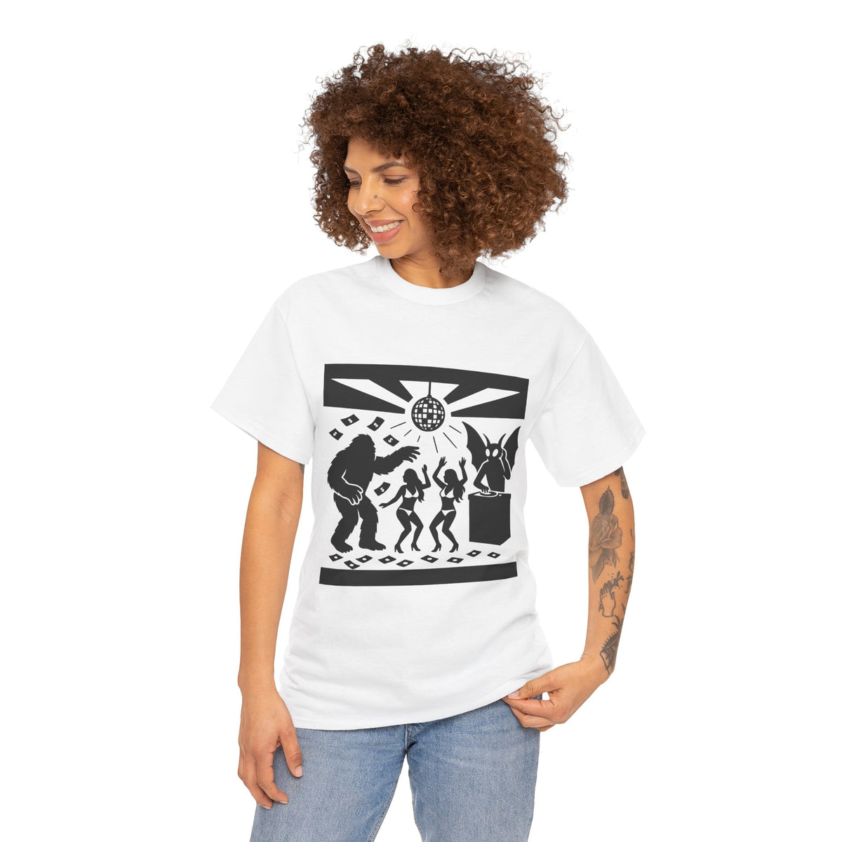 Bigfoot and Mothman Partying Unisex Heavy Cotton Tee - Cryptid Lovers Gift