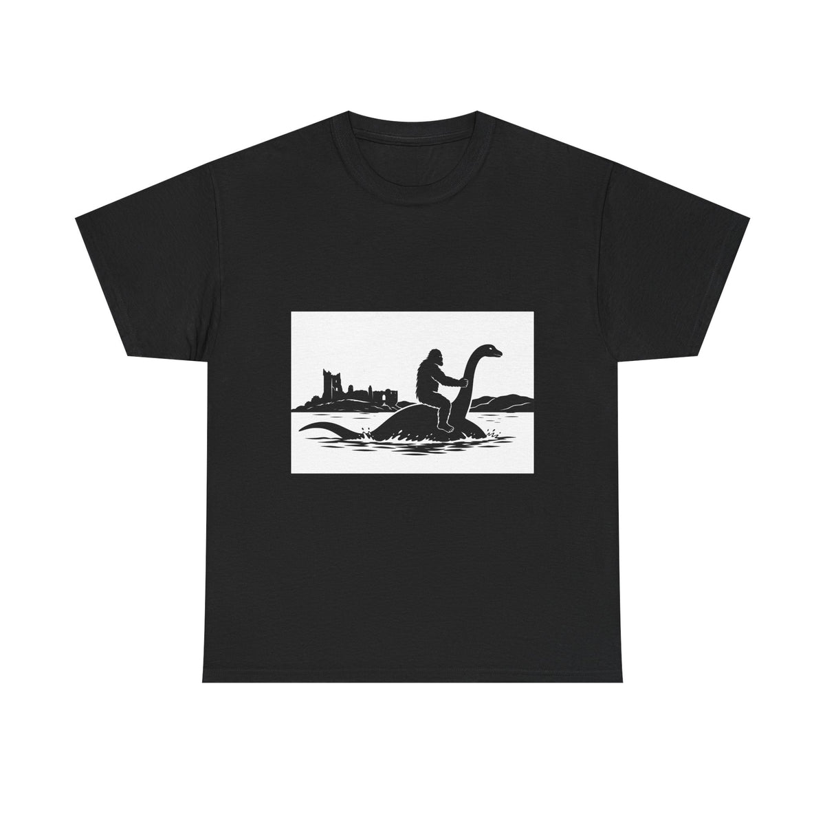 Sasquatch & Nessie Cryptid BFFs T-Shirt | Nessie Silhouette, Castle Shore Scene