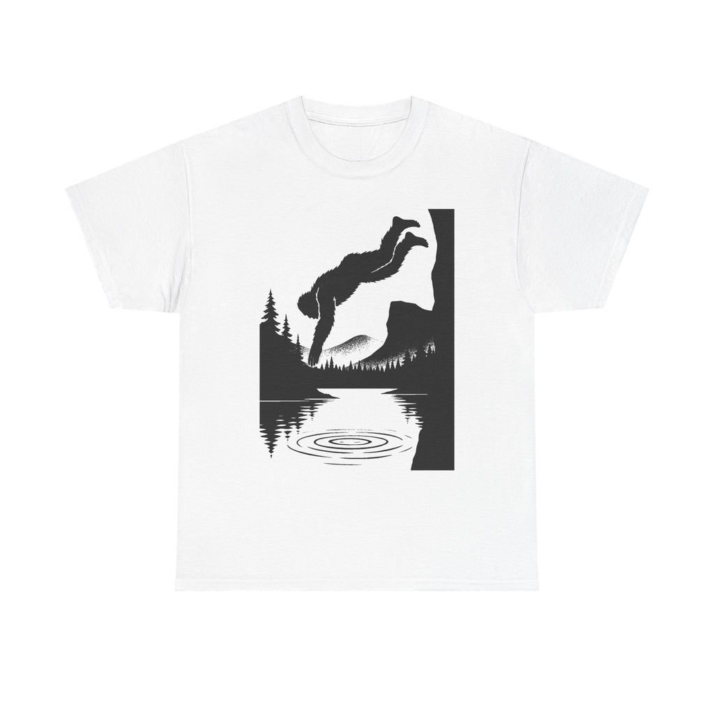 Sasquatch Cliff Dive Unisex Heavy Cotton Tee, Outdoor Apparel, Nature Lover Gift, Hiking Shirt, Lake Dive T-Shirt