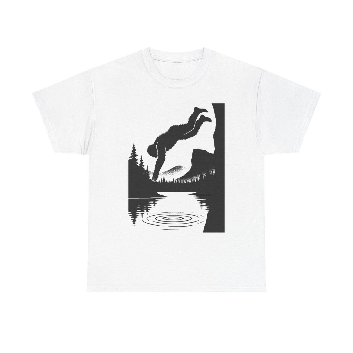 Sasquatch Cliff Dive Unisex Heavy Cotton Tee, Outdoor Apparel, Nature Lover Gift, Hiking Shirt, Lake Dive T-Shirt