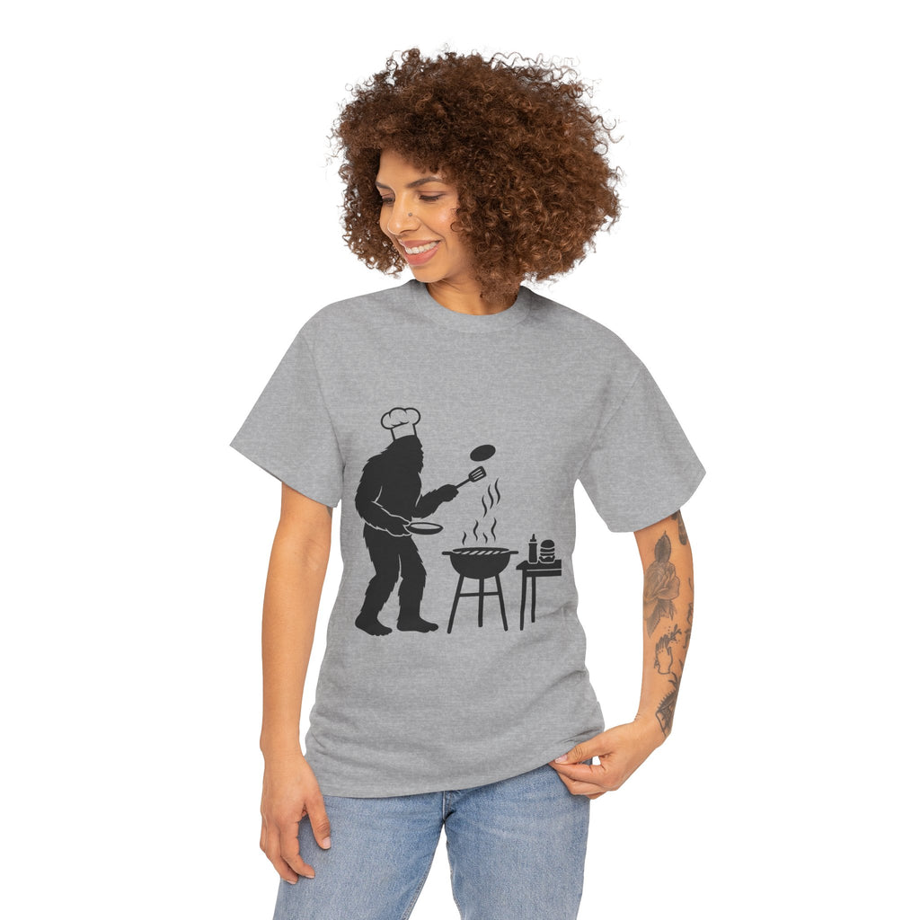 Chef Bigfoot Burger Cooking Tee - Fun Unisex Heavy Cotton T-Shirt, Gift for Foodies
