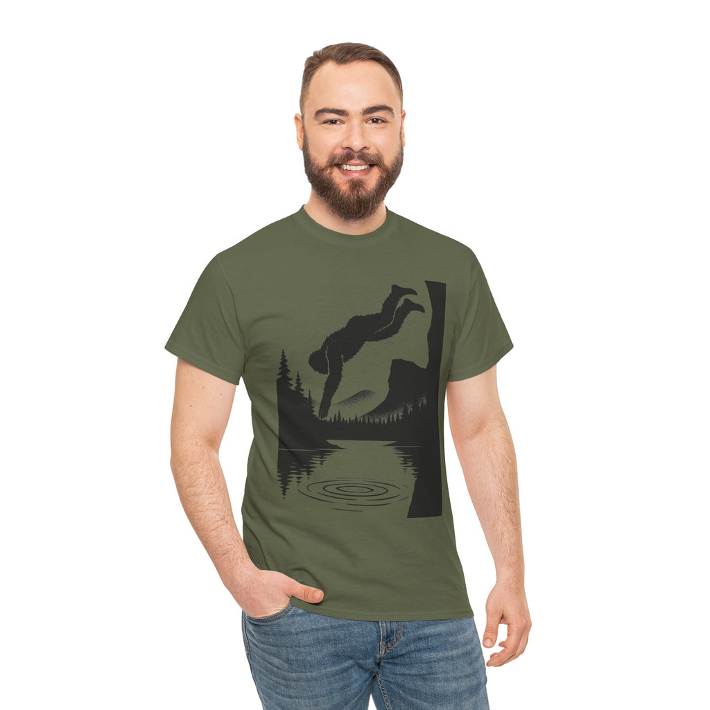 Sasquatch Cliff Dive Unisex Heavy Cotton Tee, Outdoor Apparel, Nature Lover Gift, Hiking Shirt, Lake Dive T-Shirt