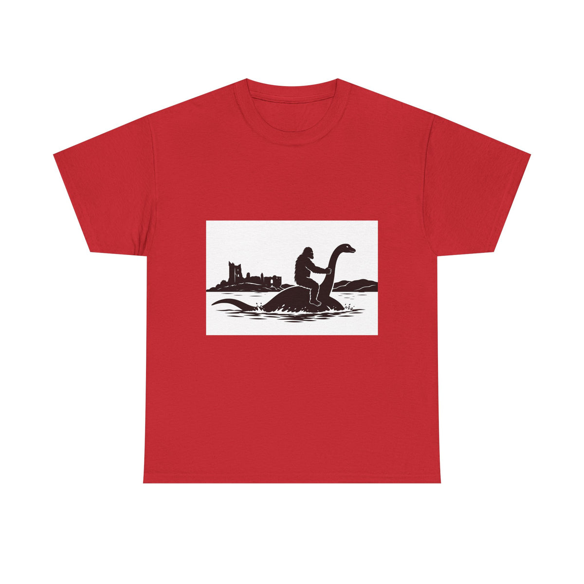 Sasquatch & Nessie Cryptid BFFs T-Shirt | Nessie Silhouette, Castle Shore Scene