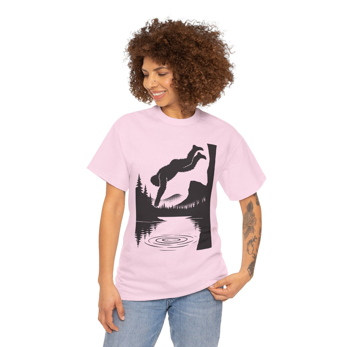 Sasquatch Cliff Dive Unisex Heavy Cotton Tee, Outdoor Apparel, Nature Lover Gift, Hiking Shirt, Lake Dive T-Shirt